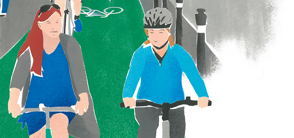 Radweg Titel Sind Radwege breit und vom Kfz-Verkehr geschützt, steigen Groß und Klein gerne aufs Rad.