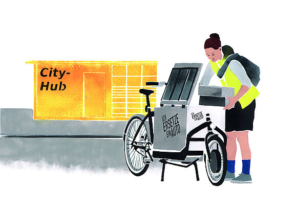 City Hub Lastenrad Wirtschafts- und Lieferverkehr wachsen: Setzt Berlin auf klimafreundlichen Transport, kann die Stadt den Verkehrsanstieg bewältigen.