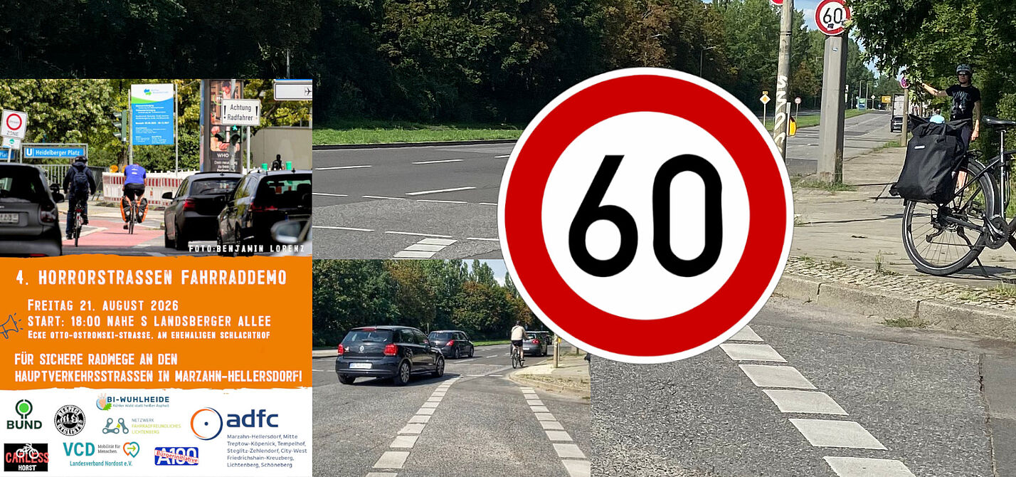 Horrorstraße: Märkische Allee / Franz-Stenzer-Straße An der Märkischen Allee Ecke Franz-Stenzer-Straße befindet sich eine Gefahrenstelle, auf die das Bild aufmerksam macht. Der Radverkehr wird auf eine dreispurige Kfz-Fahrbahn geleitet und es gilt Tempo 60.
