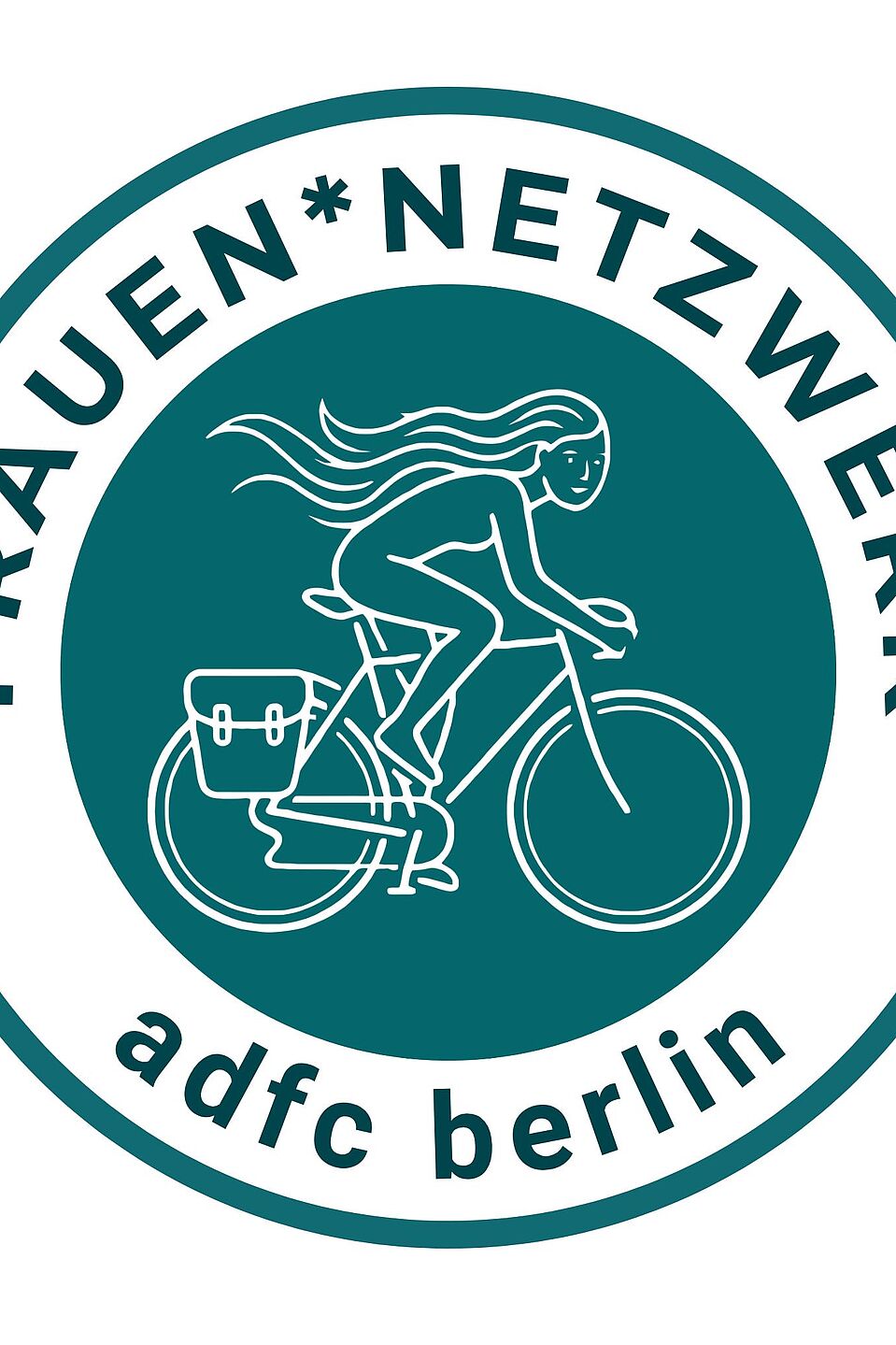 Das Frauen*Netzwerk des ADFC Berlin hat einen Signal-Chat Auf einem kreisrunden Logo in grüner Farbe fährt eine weiß gezeichnete Frauenfigur zu sehen, die mit wehenden Haaren auf einem Fahrrad fährt. Drumherum ist Schrift zu sehen: FRAUEN*NETZWERK adfc berlin