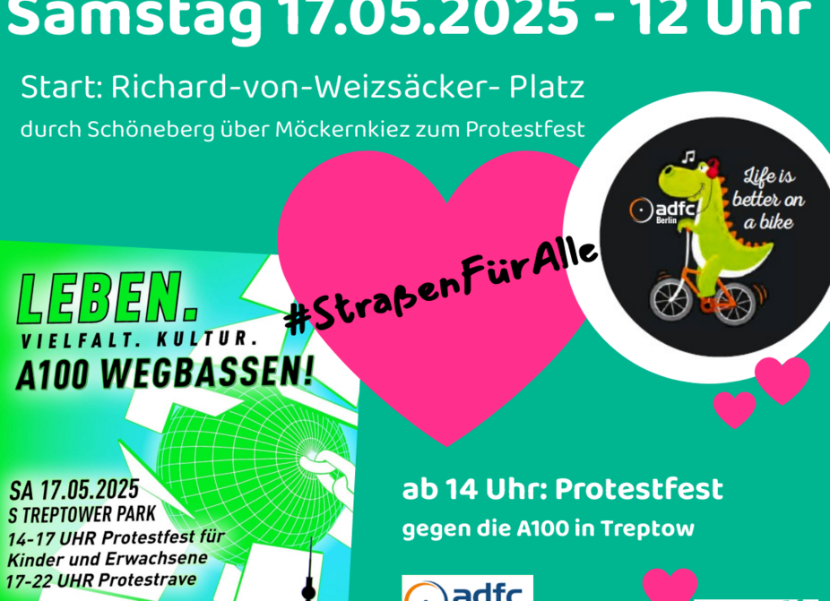 Sharepic Kidical Mass Schöneberg "kleiner Fahrraddrache" 17.05.2025 Sharepic, das die Kidical Mass Schöneberg am 17.05.2025 ankündigt. Als Bilder sind ein Fahrraddrache und ein Plakat zu sehen, dass ein Protestfest gegen den Weiterbau der A100 in Berlin ankündigt.
