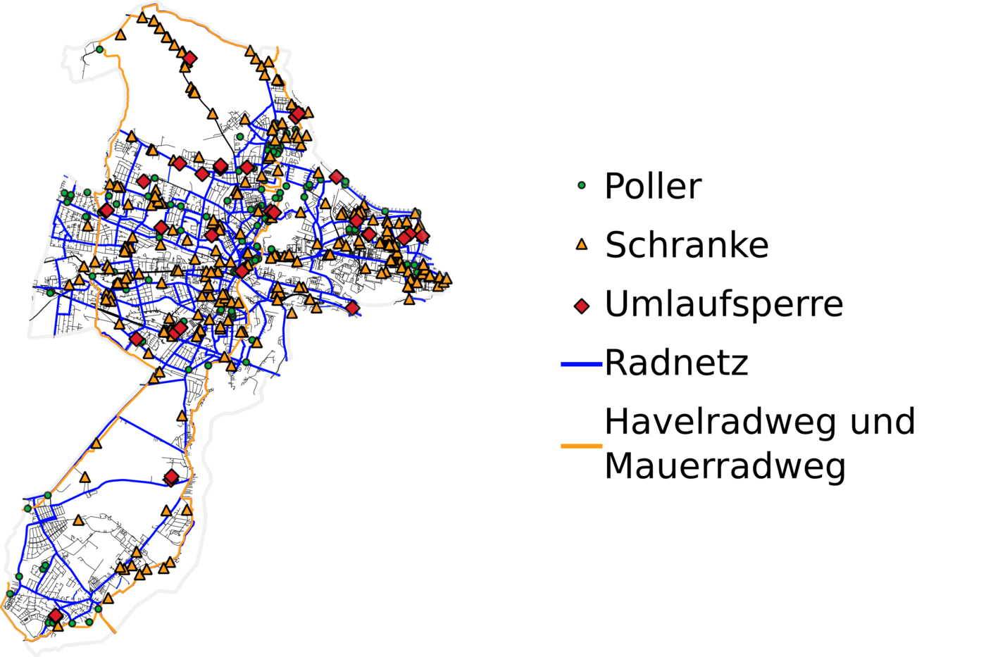 schikanekarte_legende Poller, Schranken und Umlaufsperren in Spandau.