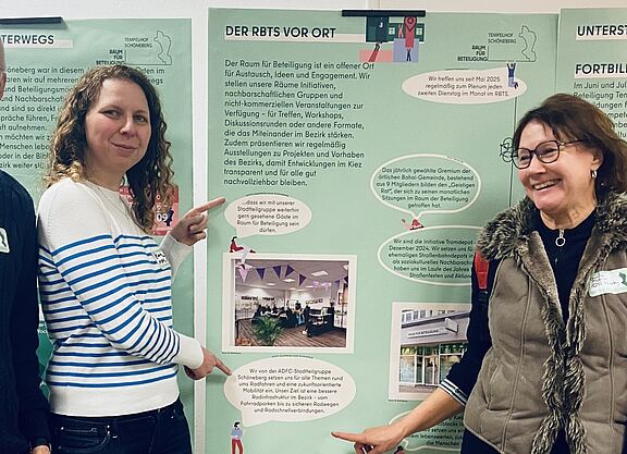 Raum für Beteiligung in Schöneberg Vier Mitglieder des ADFC Schöneberg stehen vor Stellwänden im Raum für Beteiligung.