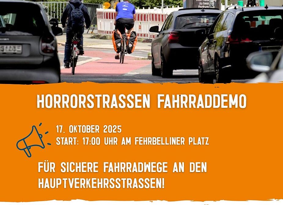 Sharepic zur Fahrraddemo Horrorstraßen am 17.10.2025 um 17 Uhr Sharpic zur Ankündigung der Demo "Horrorstraßen" am 17.10.2025 mit einem Foto vom Heidelberger Platz mit vielen Autos, der Ankündigung und zahlreichen Logos von verschiedenen Verbänden