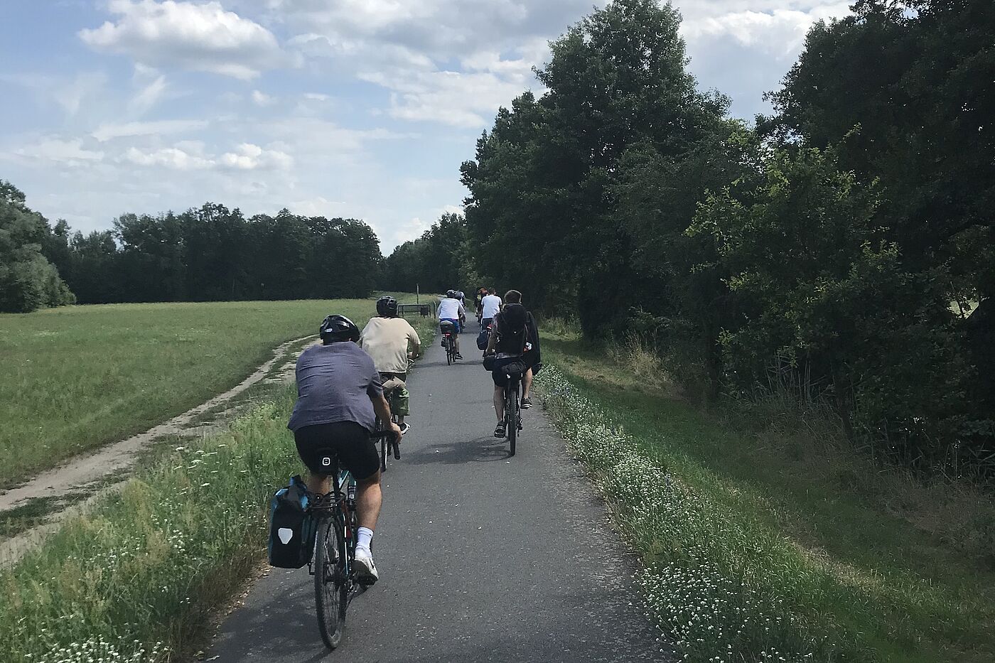 Feel Festival Zubringer 2023 Radfahrende auf Radweg durch grüne Wiesen, blauer Himmel