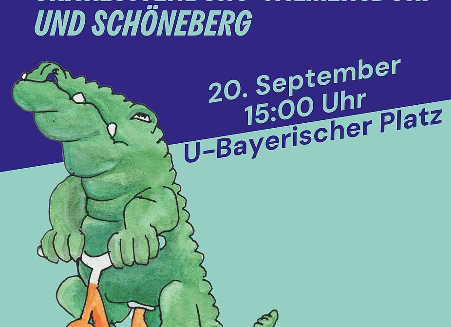 Sharepic mit dem Krokolil von Changing Cities für die Kidical Mass Charlottenburg-Wilmersdorf & Schöneberg Sharepic von Changing Cities für die Kidical Mass Charlottenburg-Wilmersdorf & Schöneberg Auf dem Bild ist ein Krokodil auf einem Fahrrad zu sehen, mit der Ankündigung der Kidical Mass am 20.09.2025 um 15 Uhr ab Bayerischer Platz