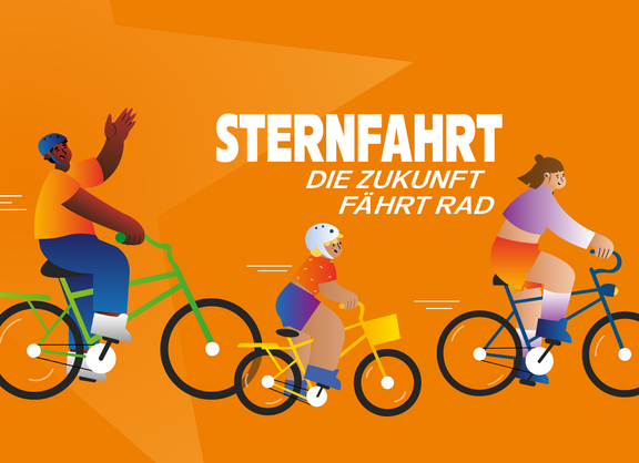 Unteschiedliche Menschen fahren auf Fahrrädern. Darüber steht Sternfahrt: Die Zukunft fährt Rad.