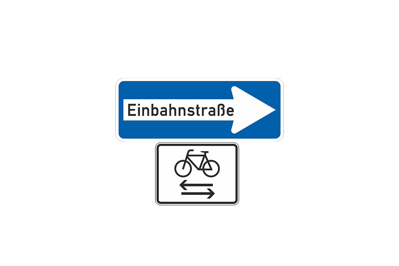 Zeichen 220 – Einbahnstraße mit entsprechenden Zusatzzeichen für Radverkehr